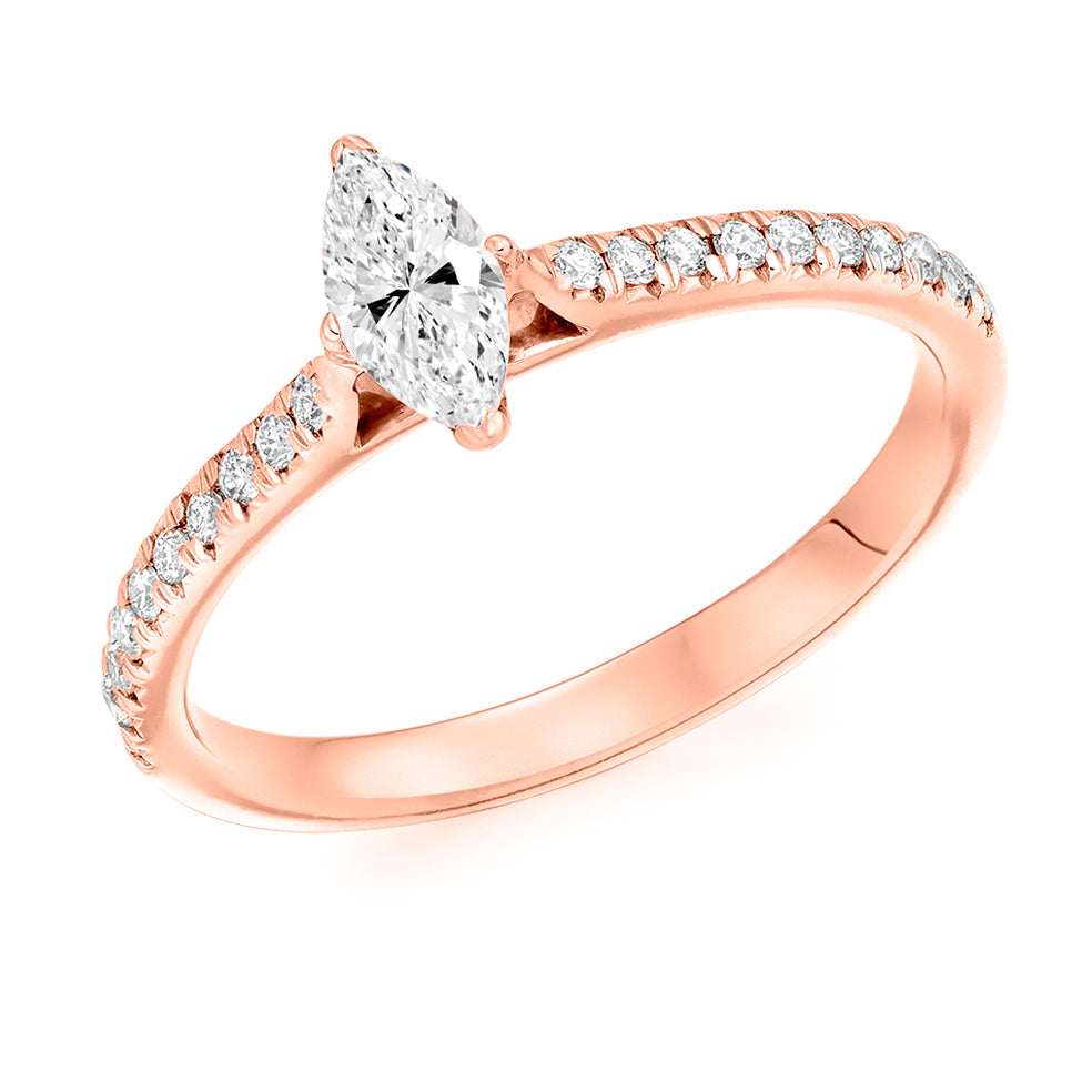 Diamond-Shouldered Solitaire Marquise Cut Engagement Ring in Rose Gold