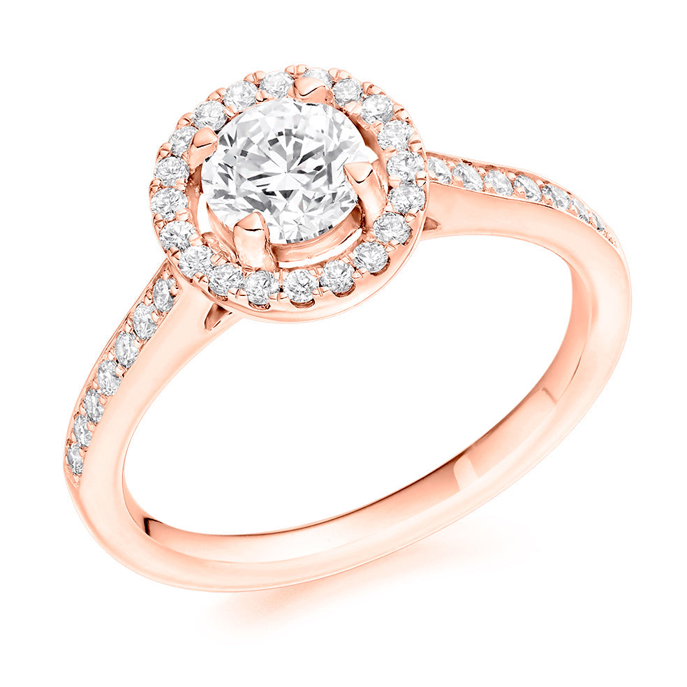 Pavé-Shoulder Halo Round-Brilliant Engagement Ring, 0.75ct in Rose Gold