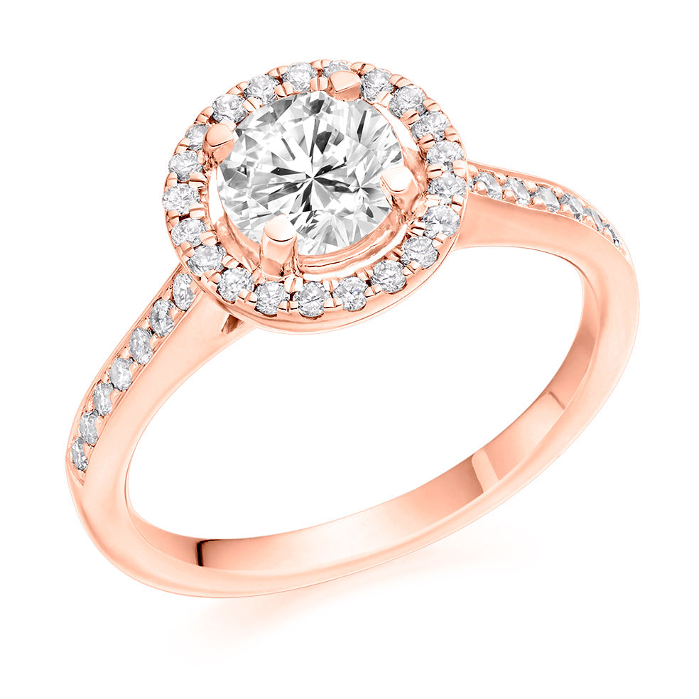 Pavé-Shoulder Halo Round-Brilliant Engagement Ring, 0.9ct in Rose Gold