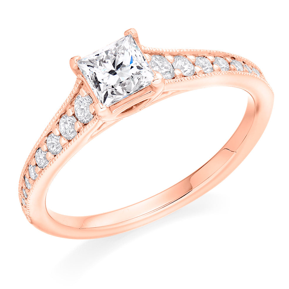 Pavé-Shouldered Solitaire Princess Cut Engagement Ring, 0.5ct in Rose Gold