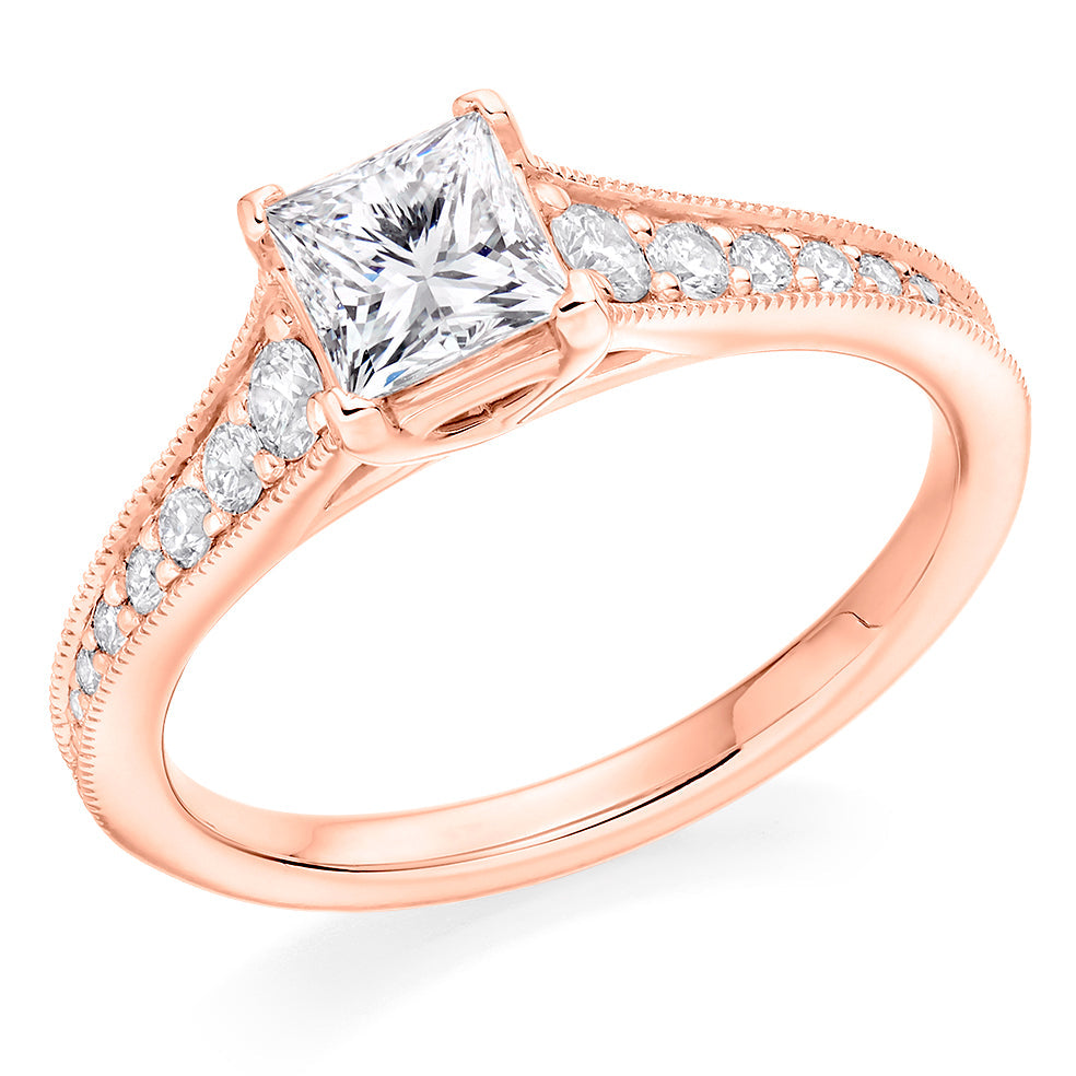 Pavé-Shouldered Solitaire Princess Cut Engagement Ring 1.1ct in Rose Gold