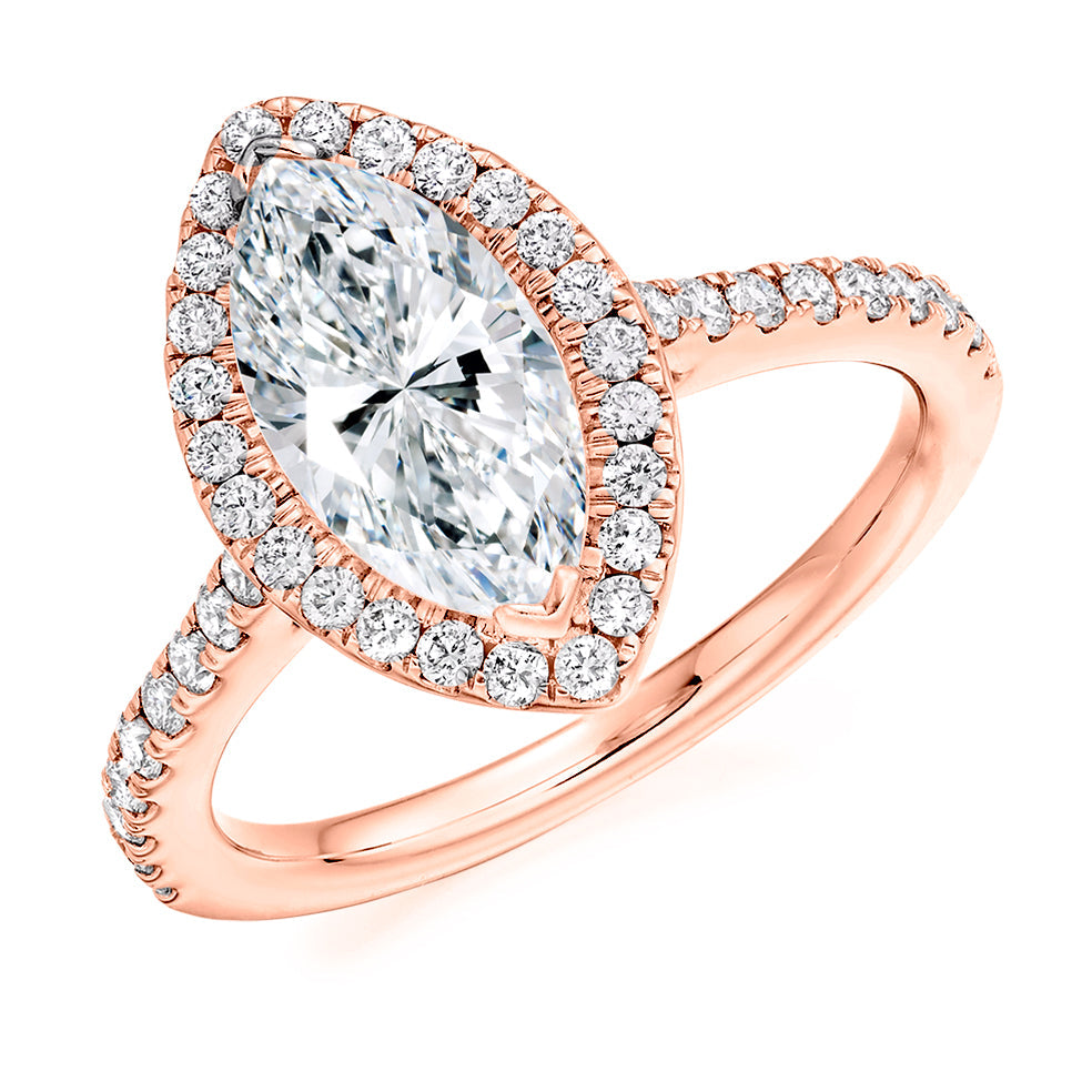 Pavé-Shoulder Halo Marquise-Cut Engagement Ring, 2.0ct in Rose Gold