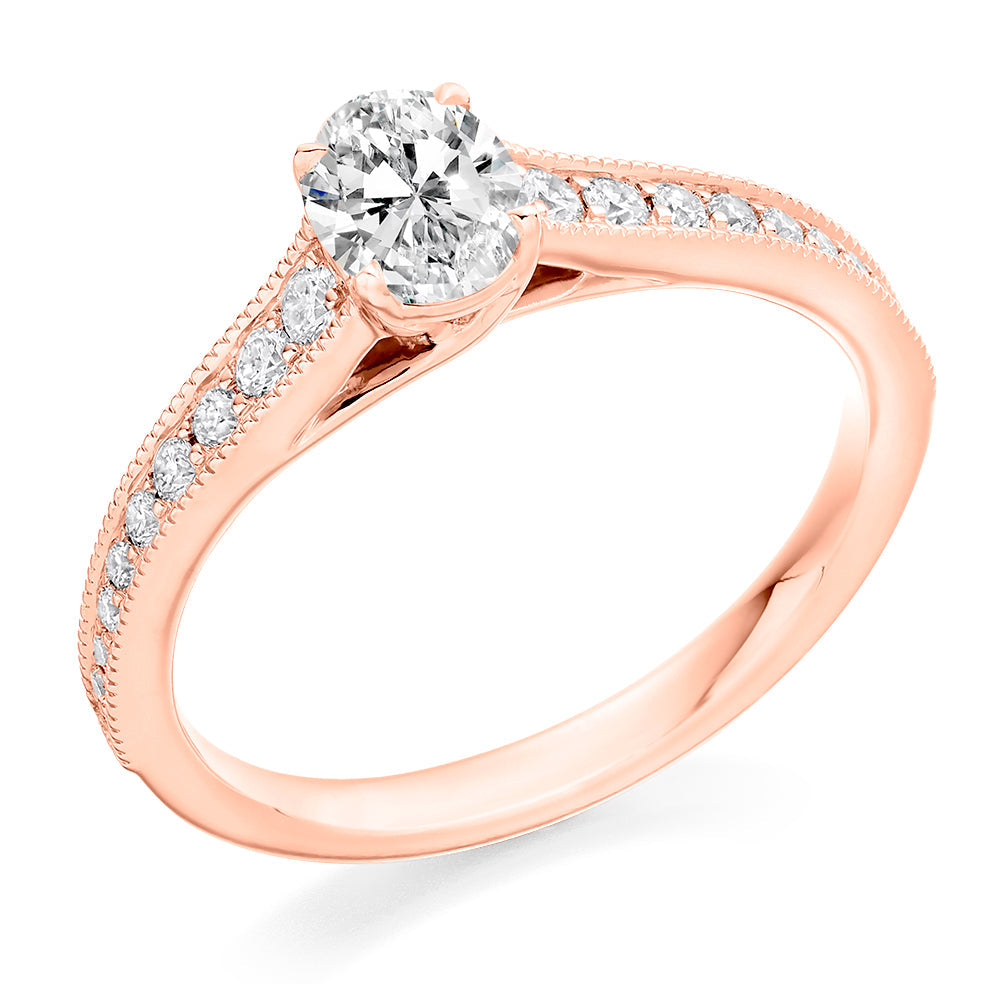 Fine Pavé Solitaire Oval Cut Engagement Ring in Rose Gold