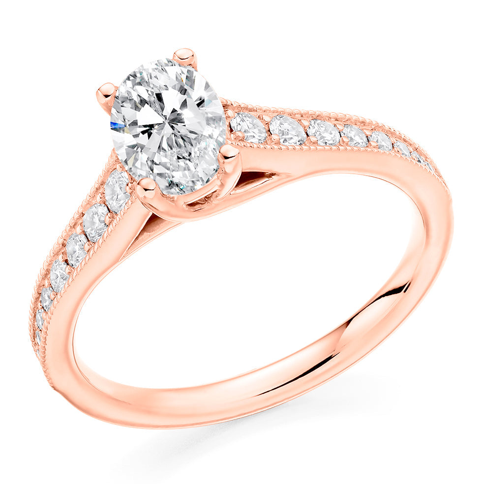 Pavé-Shouldered Solitaire Oval Cut Engagement Ring in Rose Gold