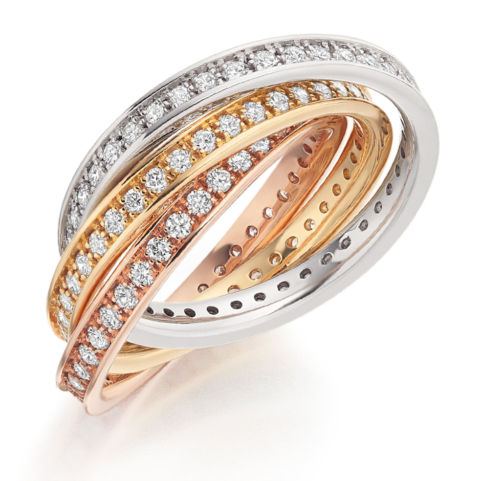 Tri-Colour Grain-Set Diamond Full Eternity Ring, 1.5ct in Rose Gold