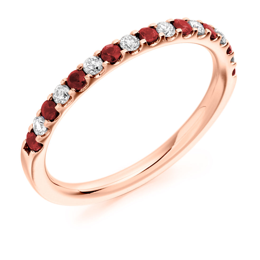 Ruby & Diamond Half Eternity Ring with Micro-Claw, 0.15ct in Rose Gold