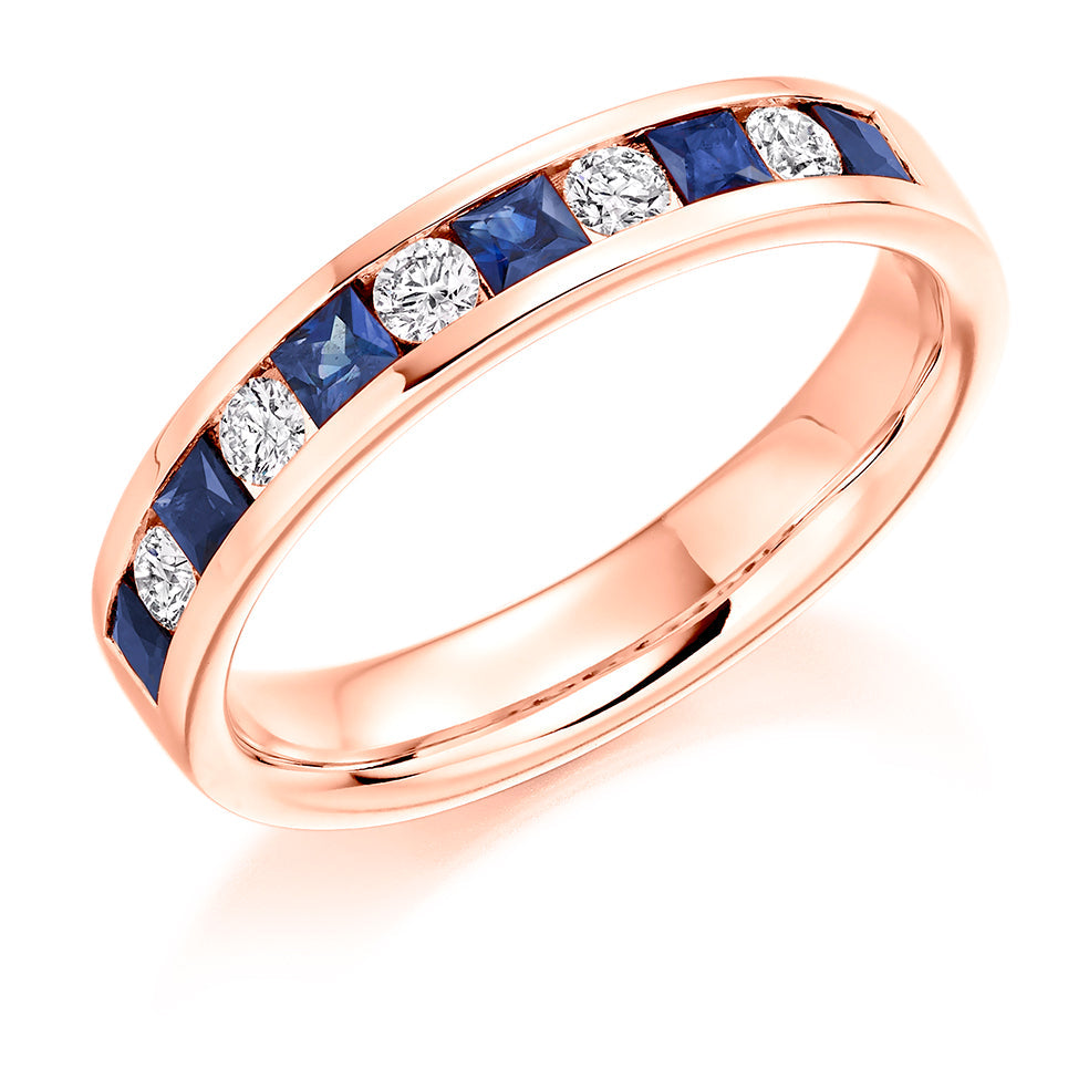 Sapphire & Diamond Half Eternity Ring with Channel-Set, 0.25ct in Rose Gold