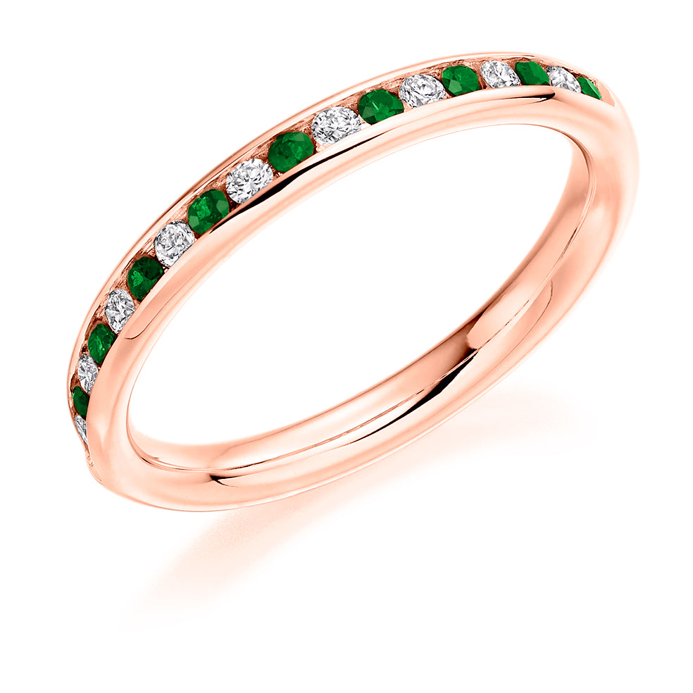 Emerald & Diamond Half Eternity Ring with Channel-Set, 0.18ct in Rose Gold