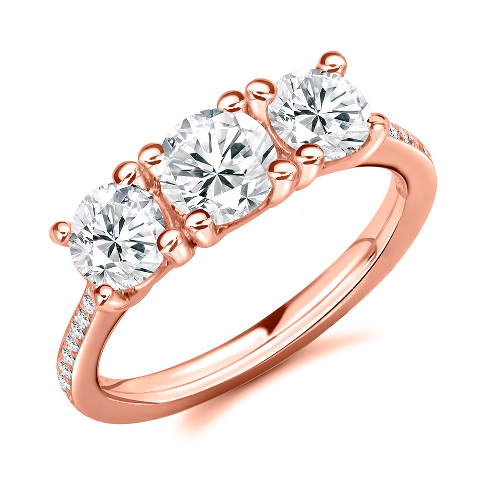 Trilogy with Diamond Shoulders Round Brilliant Trilogy Ring, 0.9ct in Rose Gold