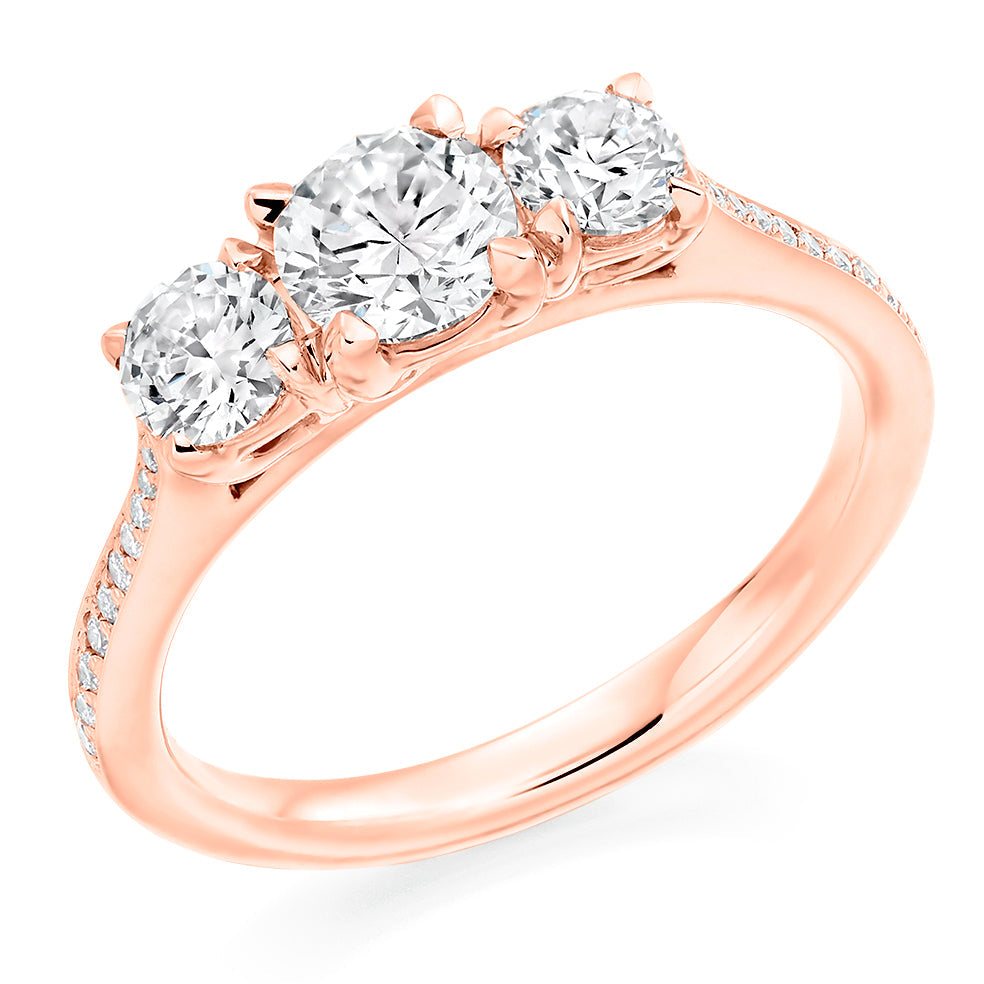 Pavé-Shouldered Trilogy Round Brilliant Trilogy Ring 1.15ct in Rose Gold