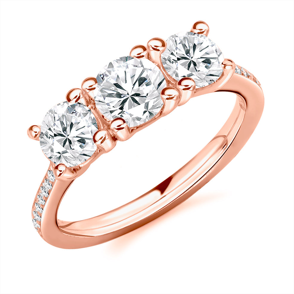 Diamond-Shouldered Trilogy Round Brilliant Trilogy Ring, 0.6ct in Rose Gold