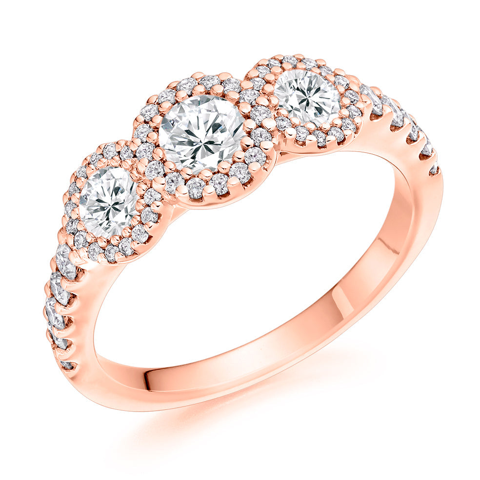 Haloed Trilogy Round Brilliant Trilogy Ring, 0.35ct in Rose Gold