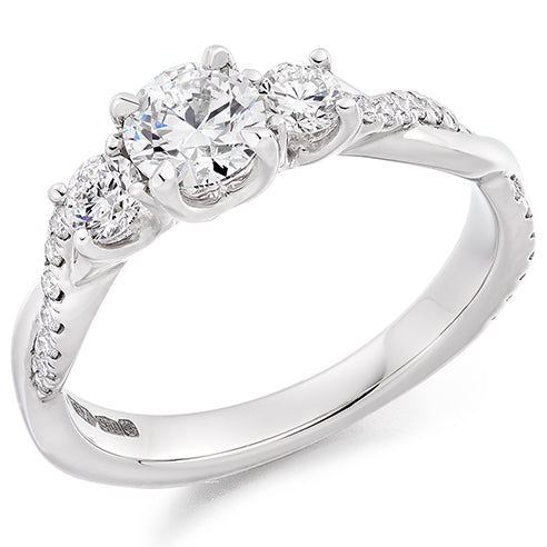 Pavé-Shouldered Trilogy Round Brilliant Trilogy Ring, 0.5ct