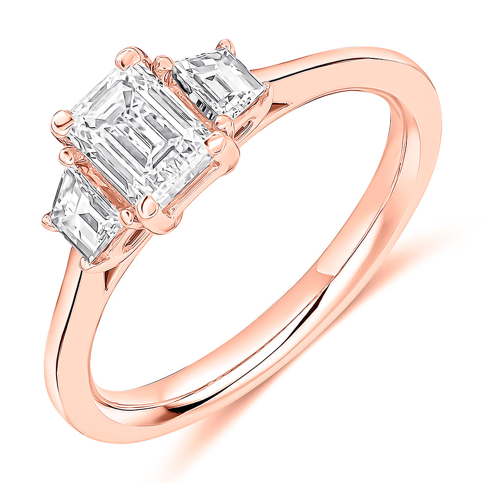 Traditional Trilogy Emerald Cut Trilogy Ring in Rose Gold