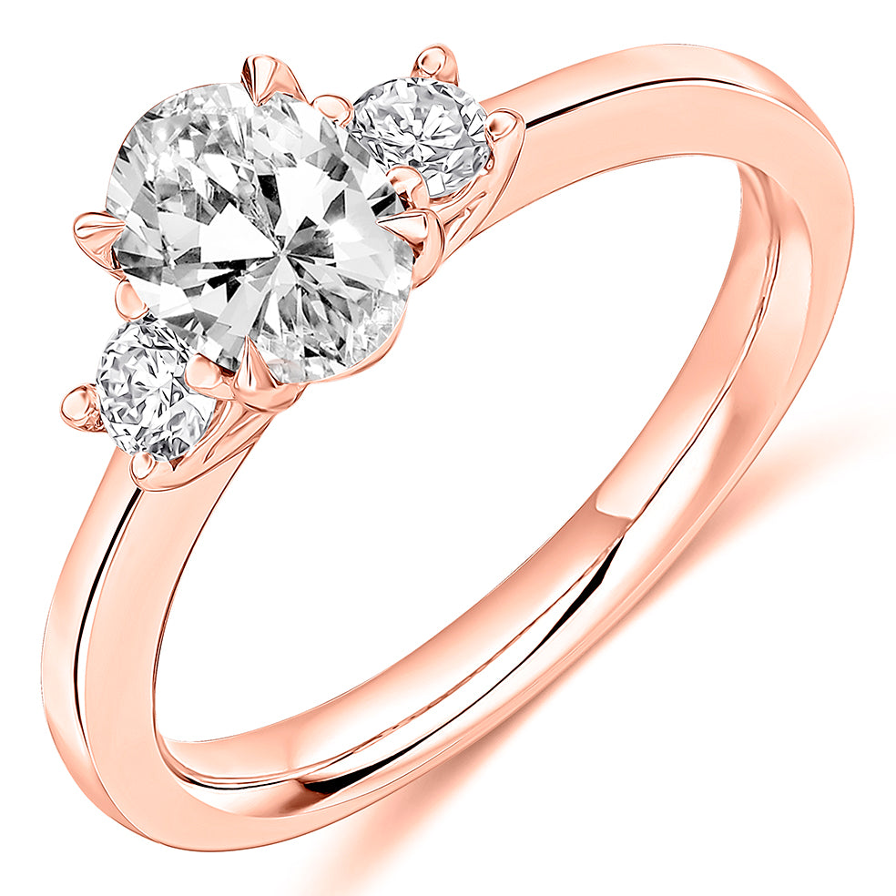 Trilogy Set with Plain Shoulders Oval Cut Trilogy Ring, 0.75ct in Rose Gold