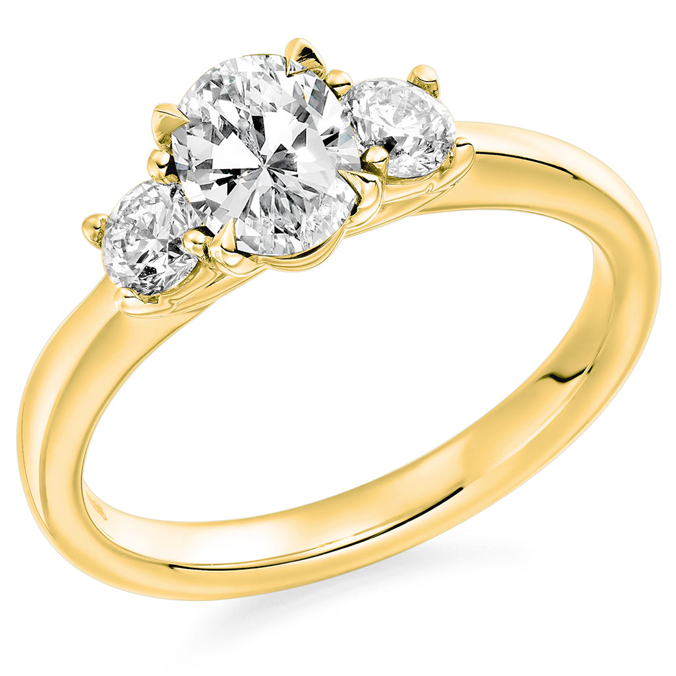 Trilogy Set with Plain Shoulders Oval Cut Trilogy Ring, 0.75ct in Yellow Gold