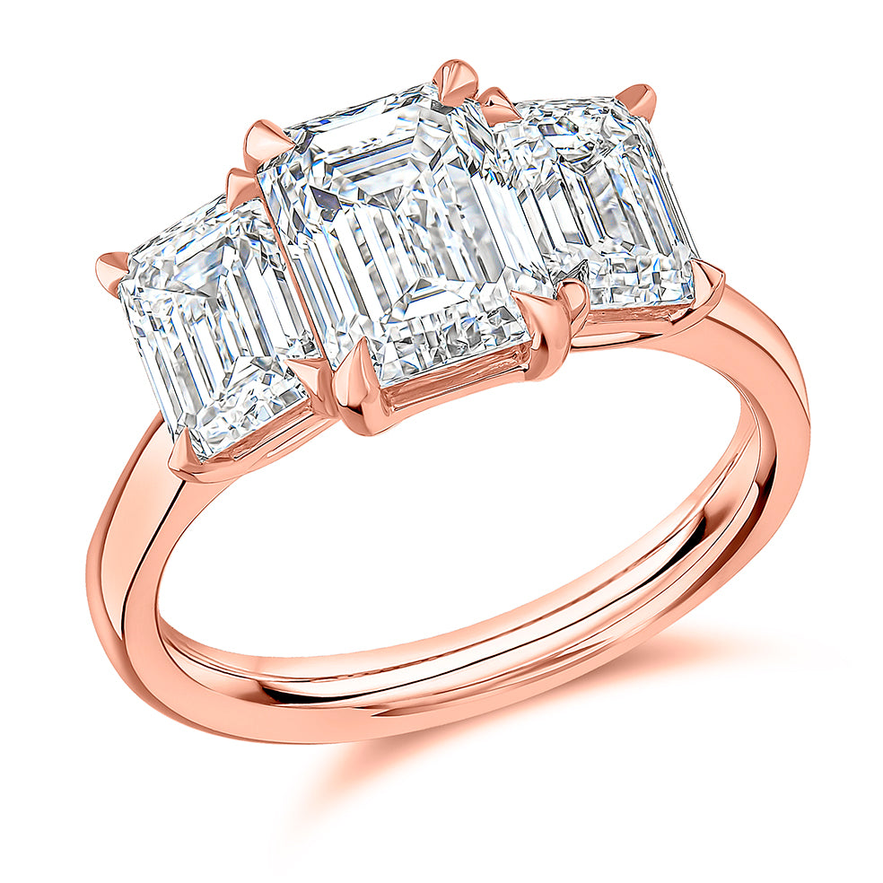 Three-Stone Trilogy Emerald Cut Trilogy Ring in Rose Gold