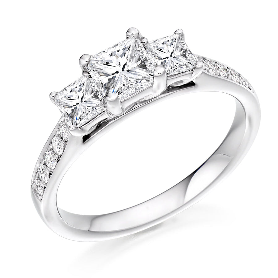 Diamond-Shouldered Trilogy Princess Cut Trilogy Ring, 0.75ct