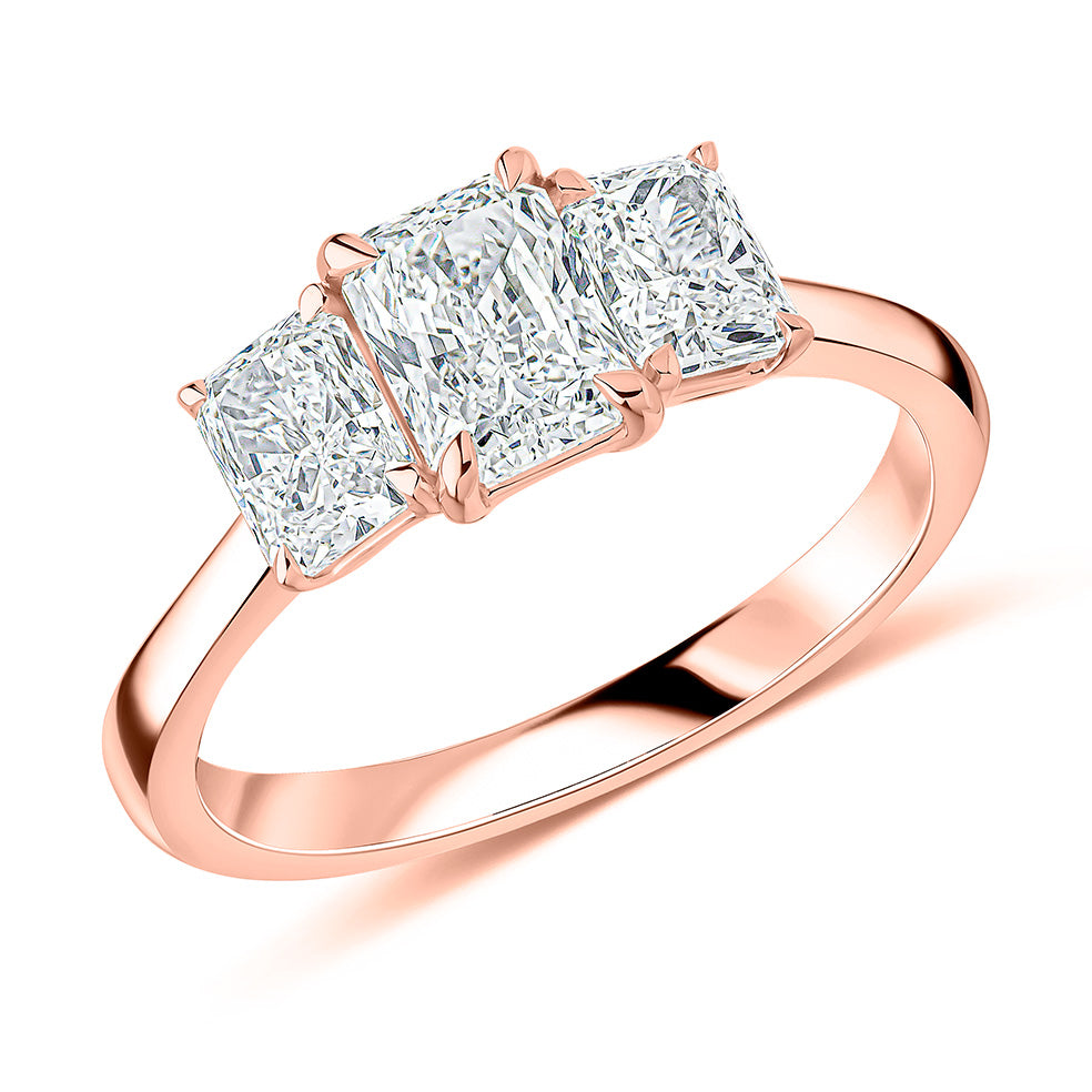 Plain-Band Trilogy Radiant Cut Trilogy Ring in Rose Gold