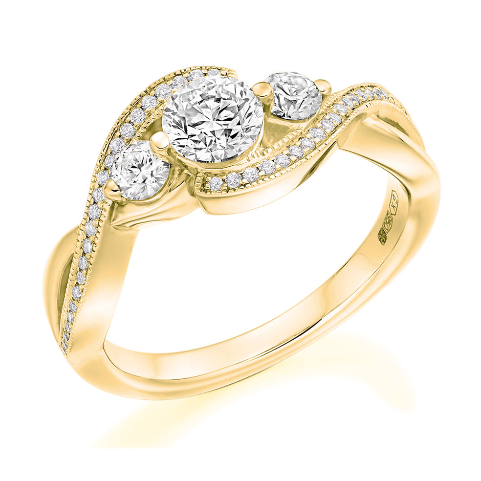Trilogy with Diamond Shoulders Round Brilliant Trilogy Ring, 0.5ct in Yellow Gold