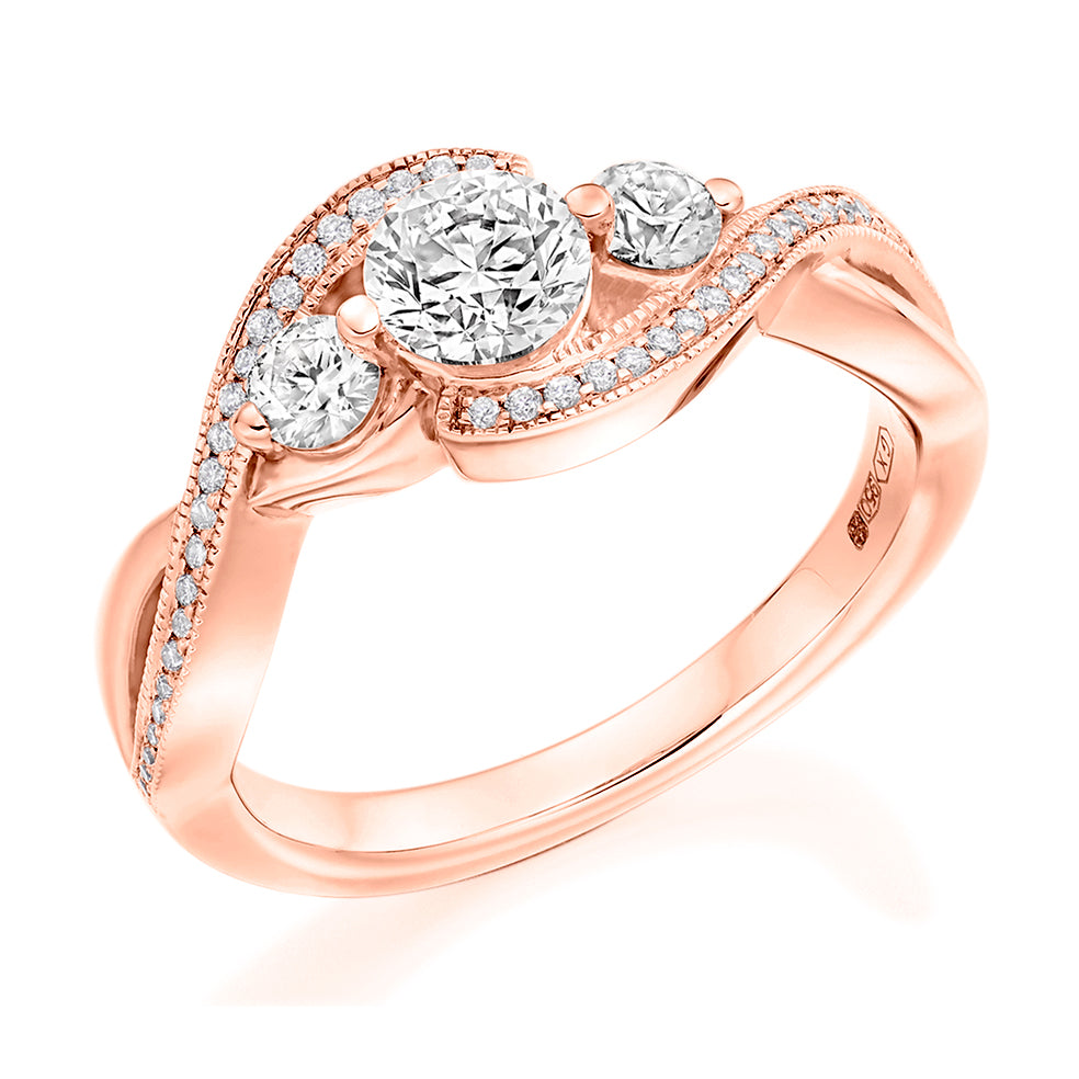 Trilogy with Diamond Shoulders Round Brilliant Trilogy Ring, 0.5ct in Rose Gold