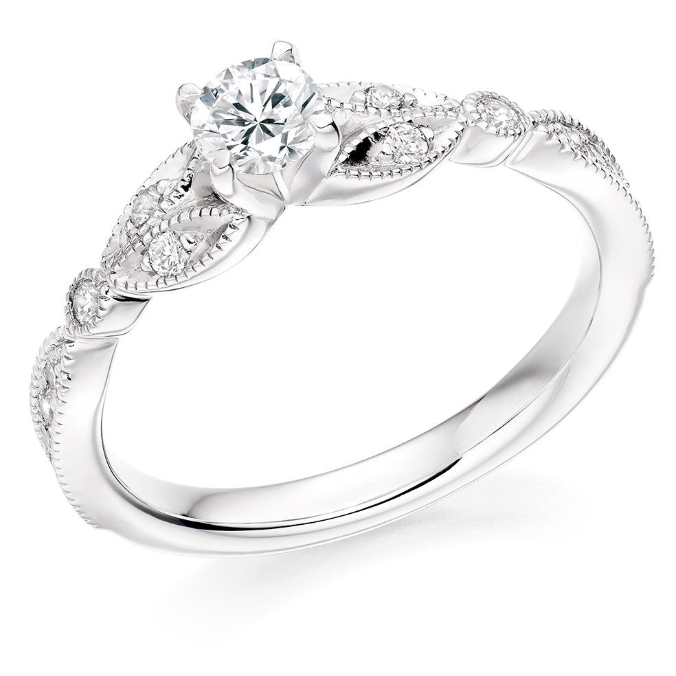 Pavé-Shouldered Solitaire Round Brilliant Engagement Ring 0.53ct in White Gold