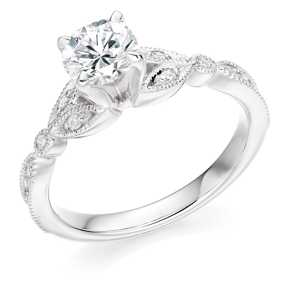 Pavé-Shouldered Solitaire Round Brilliant Engagement Ring 1.1ct in White Gold
