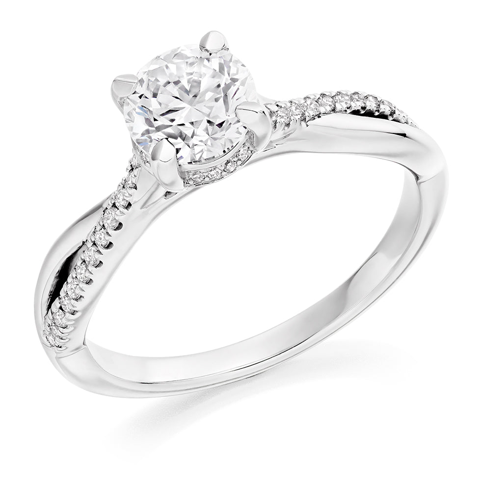 Curved-Shoulder Solitaire Round Brilliant Engagement Ring, 0.9ct in White Gold