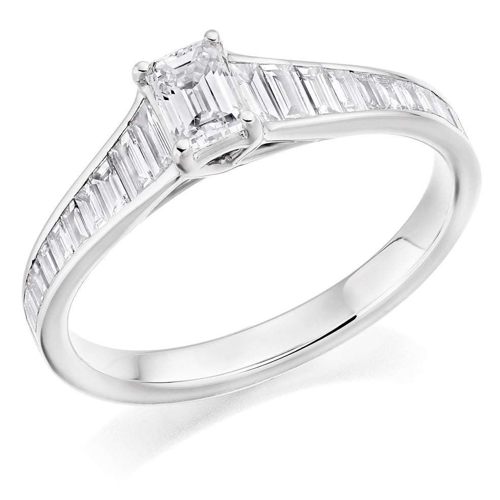 Channel-Shouldered Solitaire Emerald Cut Engagement Ring in White Gold