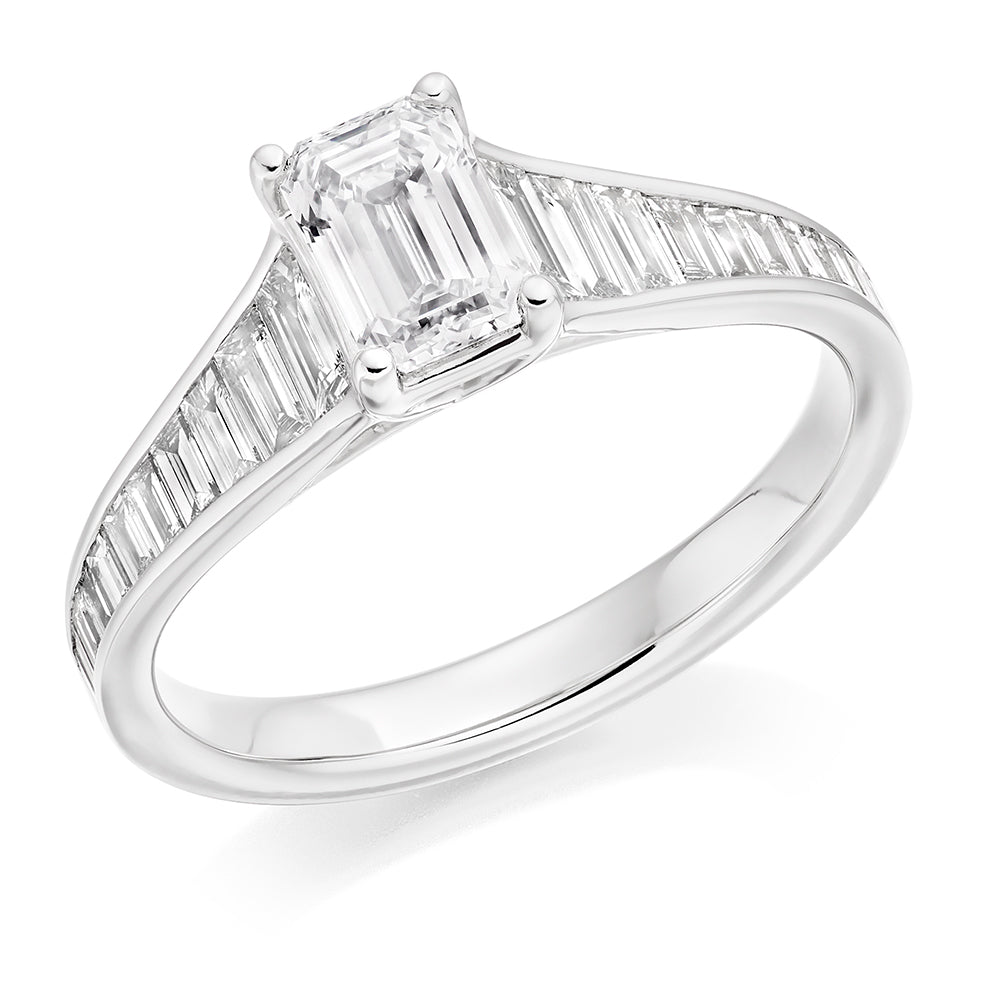 Channel-Set Solitaire Emerald Cut Engagement Ring, 0.75ct in White Gold