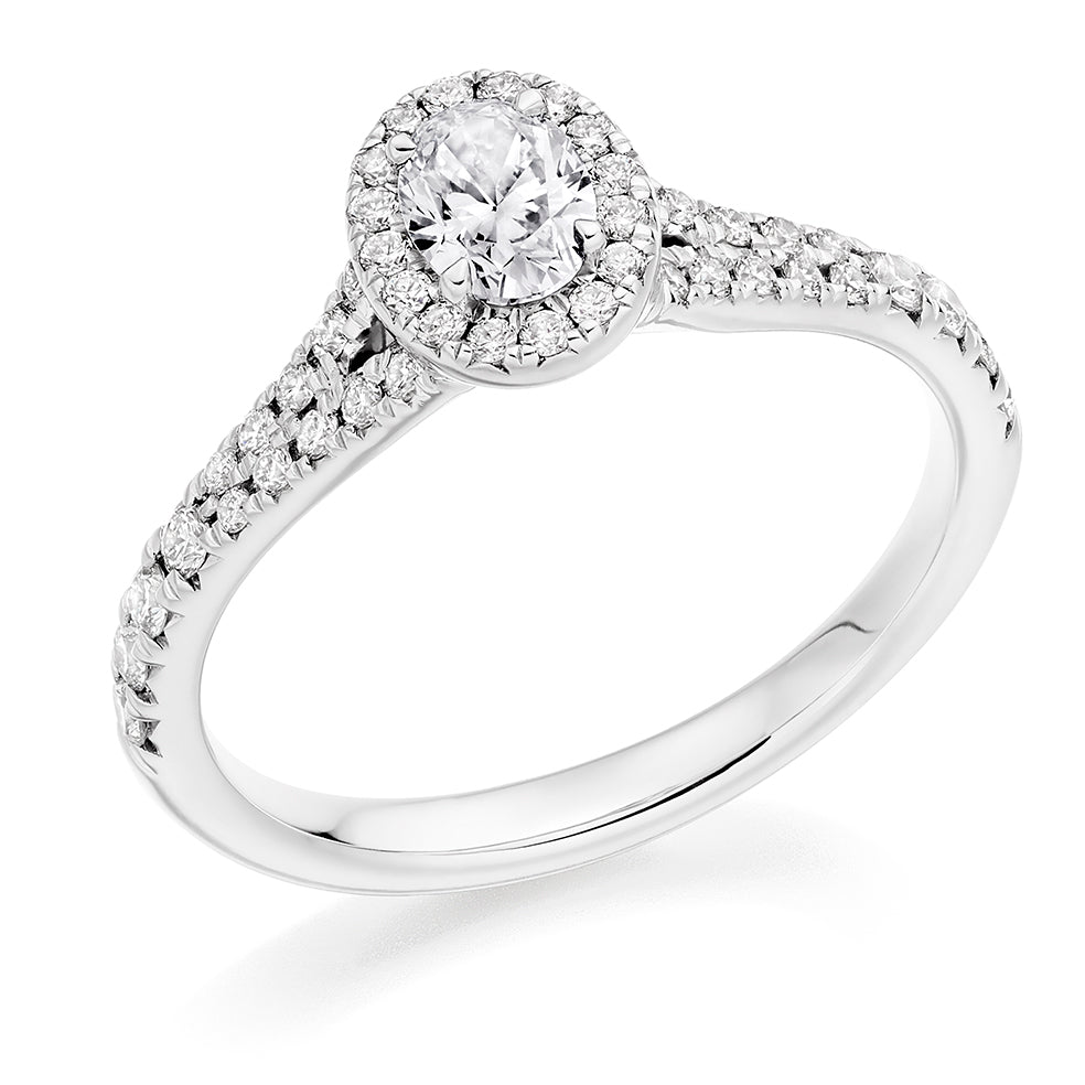 Halo with Split Shoulders Oval Cut Engagement Ring, 0.33ct in White Gold