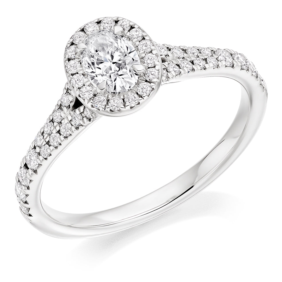 Split-Shoulder Halo Oval Cut Engagement Ring, 0.4ct in White Gold