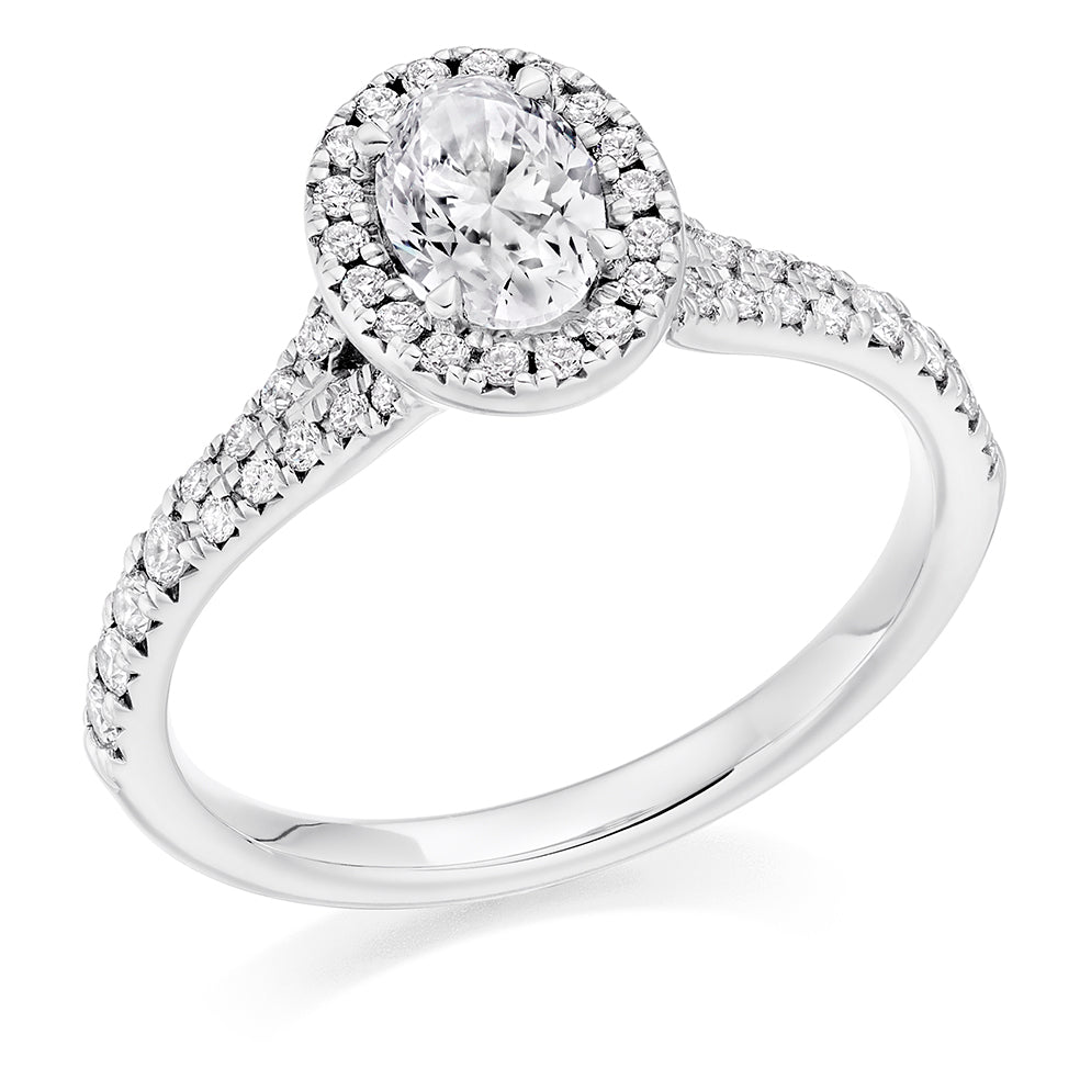 Curved-Shoulder Halo Oval Cut Engagement Ring, 0.5ct in White Gold