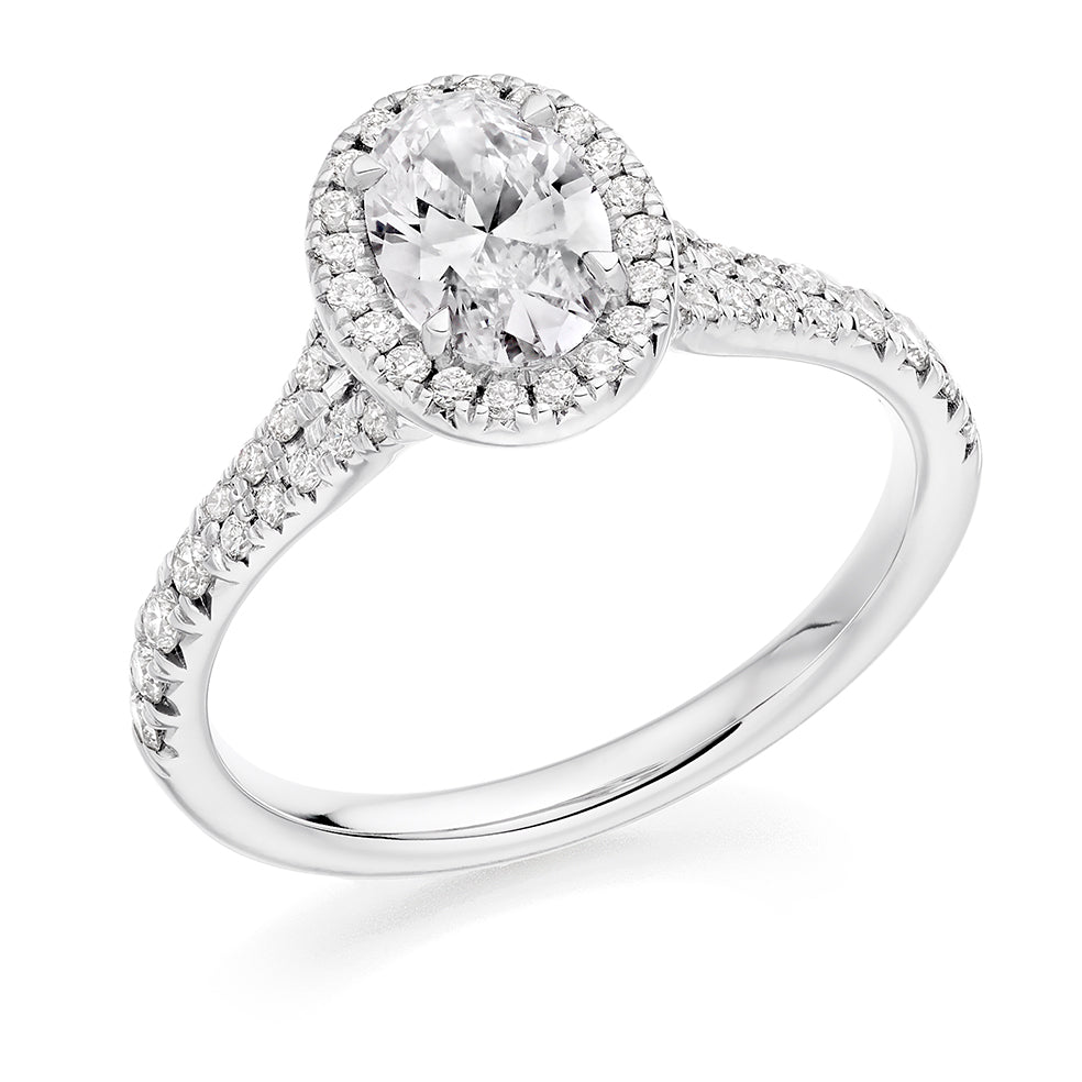 Halo with Split Shoulders Oval Cut Engagement Ring in White Gold