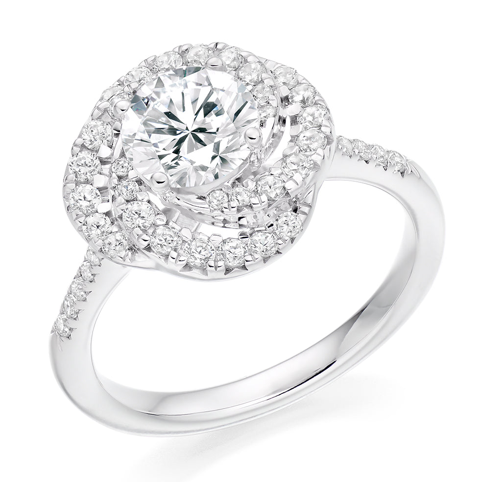 Halo with Diamond Shoulders Round Brilliant Engagement Ring, 1.0ct in White Gold