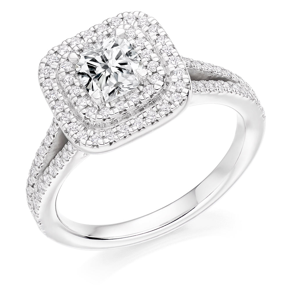 Split-Shoulder Halo Cushion Cut Engagement Ring in White Gold
