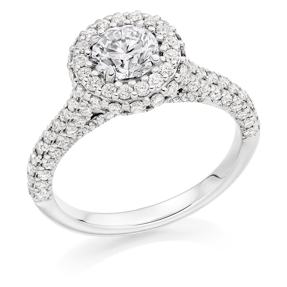 Diamond-Shouldered Halo Round Brilliant Engagement Ring 1.95ct in White Gold