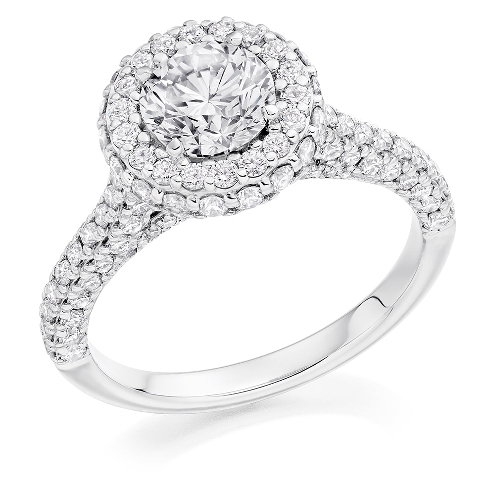 Diamond-Shouldered Halo Round Brilliant Engagement Ring 2.1ct in White Gold