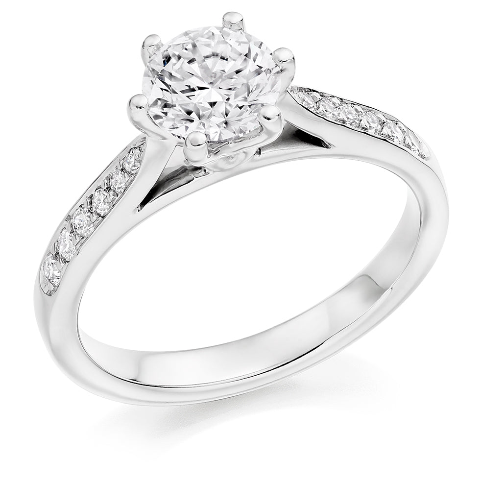 Pavé-Shouldered Solitaire Round Brilliant Engagement Ring, 0.9ct in White Gold