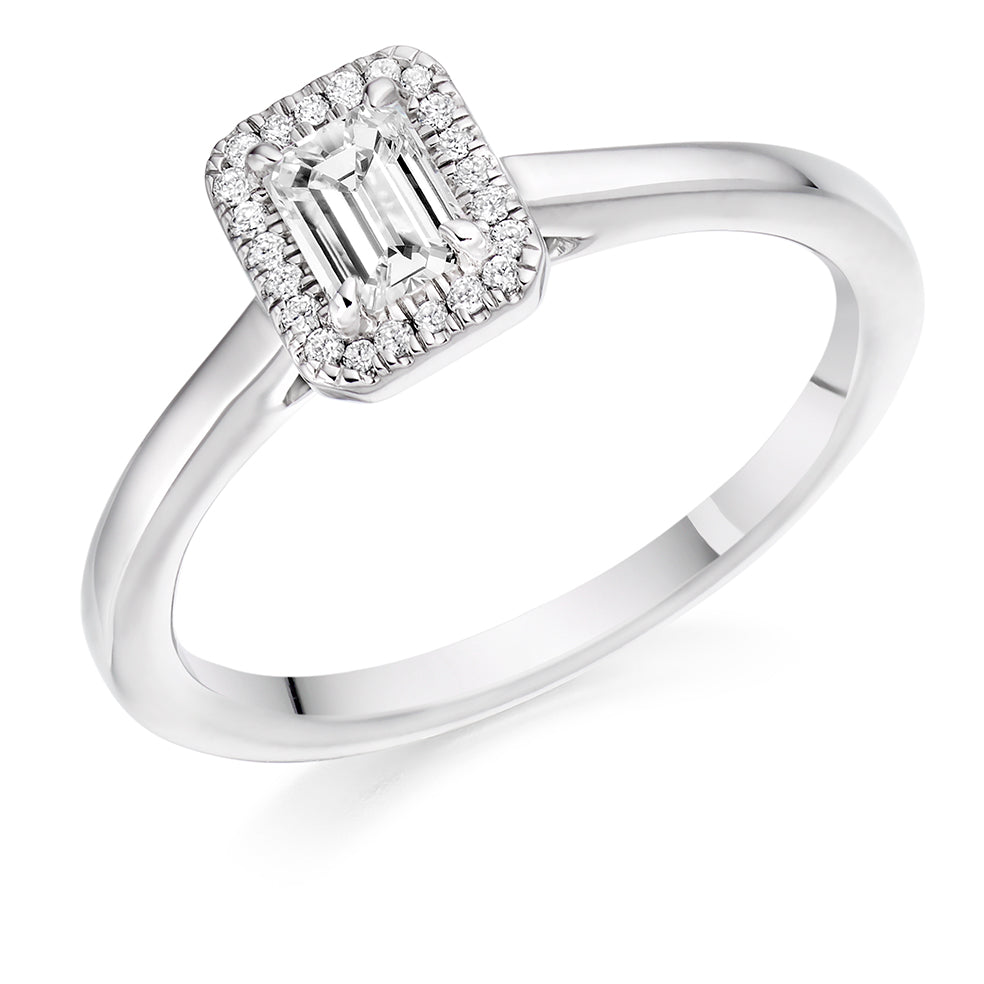 Quiet Halo Emerald Cut Engagement Ring, 0.25ct in White Gold