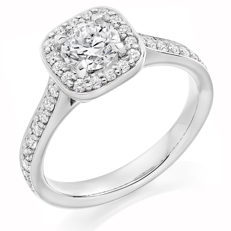 Fine Pavé Halo Round Brilliant Engagement Ring, 1.0ct in White Gold
