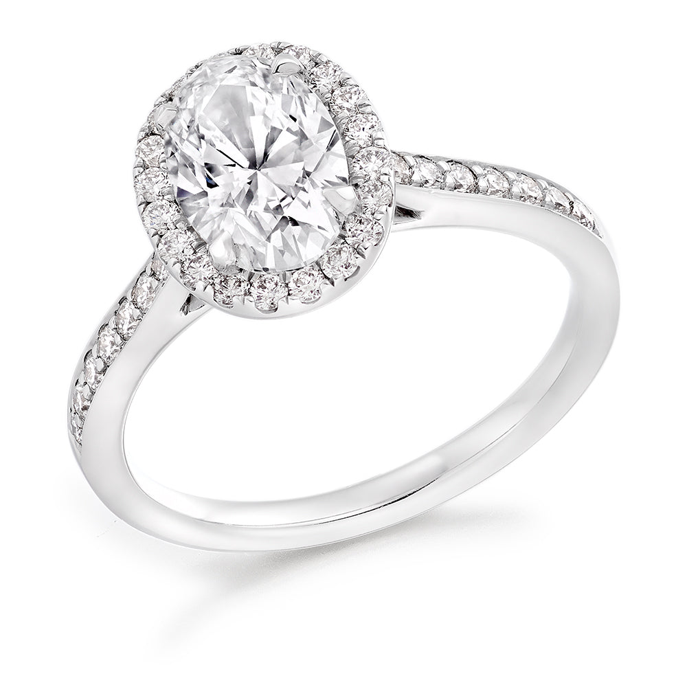 Grain-Set Halo Oval Cut Engagement Ring in White Gold