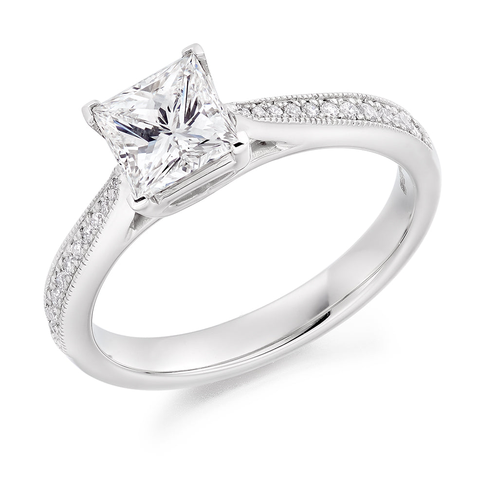 Pavé-Shouldered Solitaire Princess Cut Engagement Ring in White Gold
