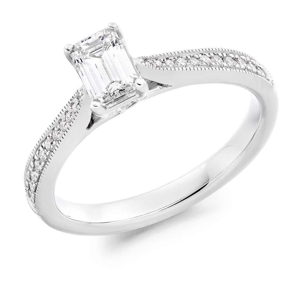 Fine Pavé Solitaire Emerald Cut Engagement Ring in White Gold