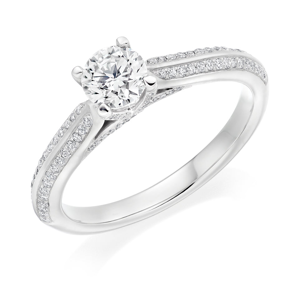 Pavé-Shouldered Solitaire Round Brilliant Engagement Ring, 0.75ct in White Gold