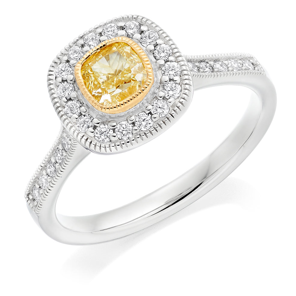 Rubover-Set Halo Cushion Cut Engagement Ring, 0.5ct in White Gold