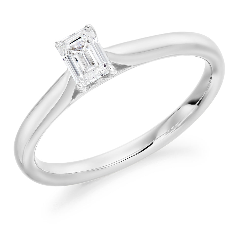Plain-Band Solitaire Emerald Cut Engagement Ring in White Gold