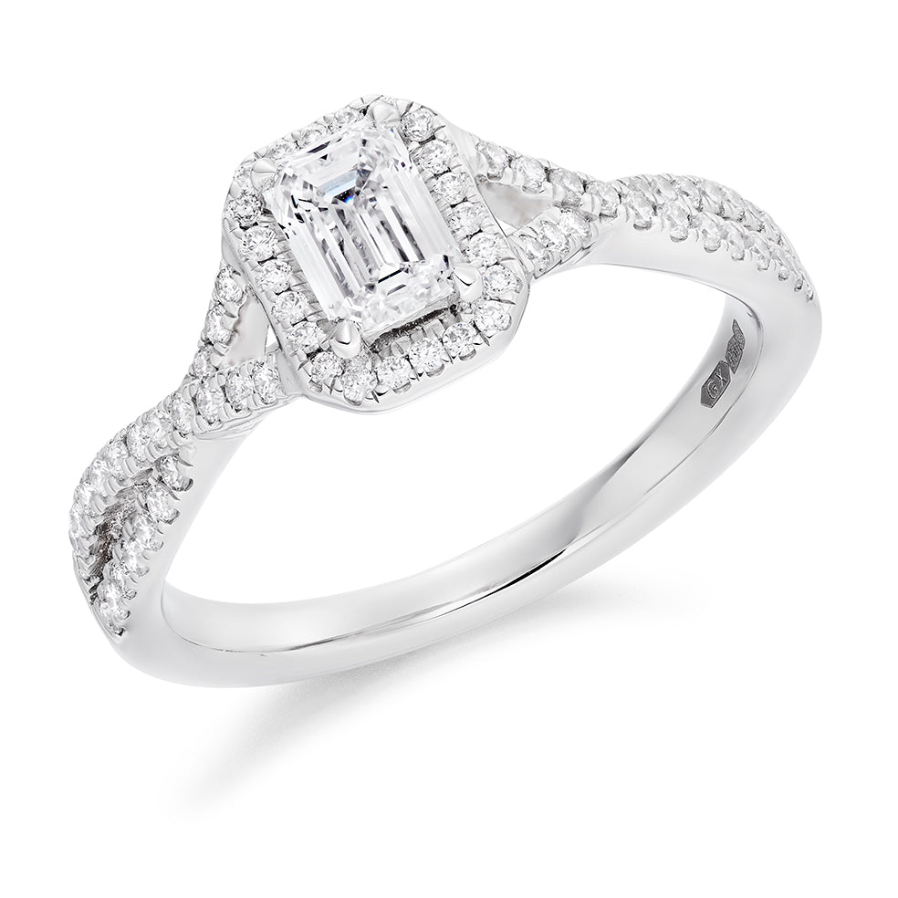 Curved-Shoulder Halo Emerald Cut Engagement Ring in White Gold