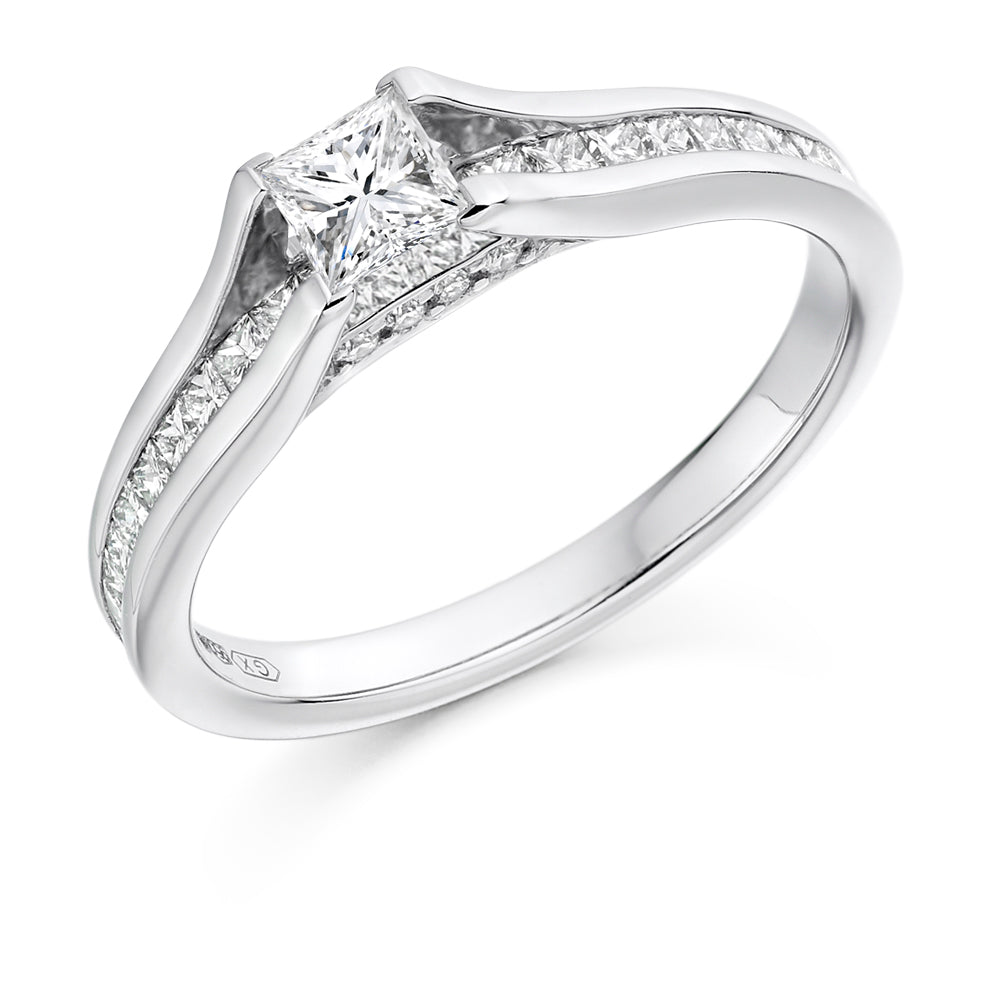 Channel-Shouldered Solitaire Princess Cut Engagement Ring 0.83ct in White Gold