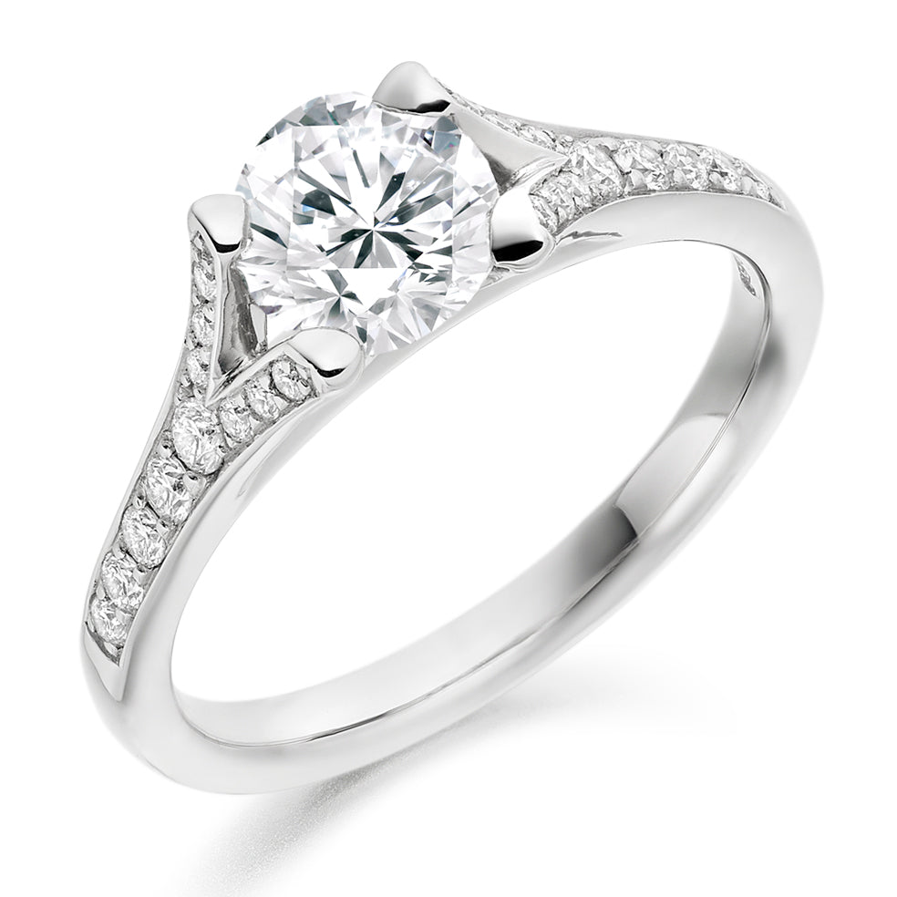 Solitaire with Split Shoulders Round Brilliant Engagement Ring, 0.9ct in White Gold